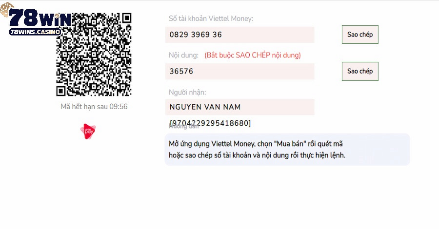 Hướng dẫn nạp tiền 78Win thông qua Viettel Pay